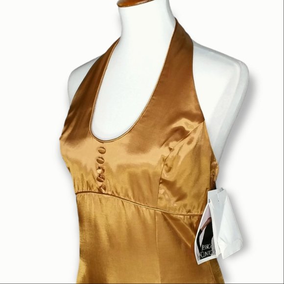 Vtg Jessica McClintock Gunne Sax Maxi Halter Dress Size 7/8 Liquid Gold Metallic - Picture 5 of 12